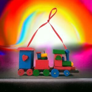 Vtg Wood Train Ornament Locomotive Christmas Primary Colors Painted Choo Choo.‎